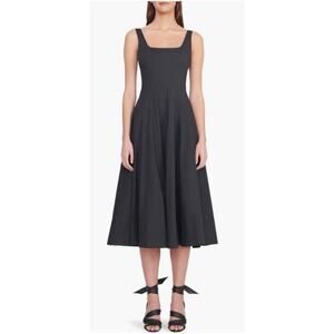 STAUD Wells Cotton Poplin A-Line Square Neck Full Skirt Midi Dress Black 6